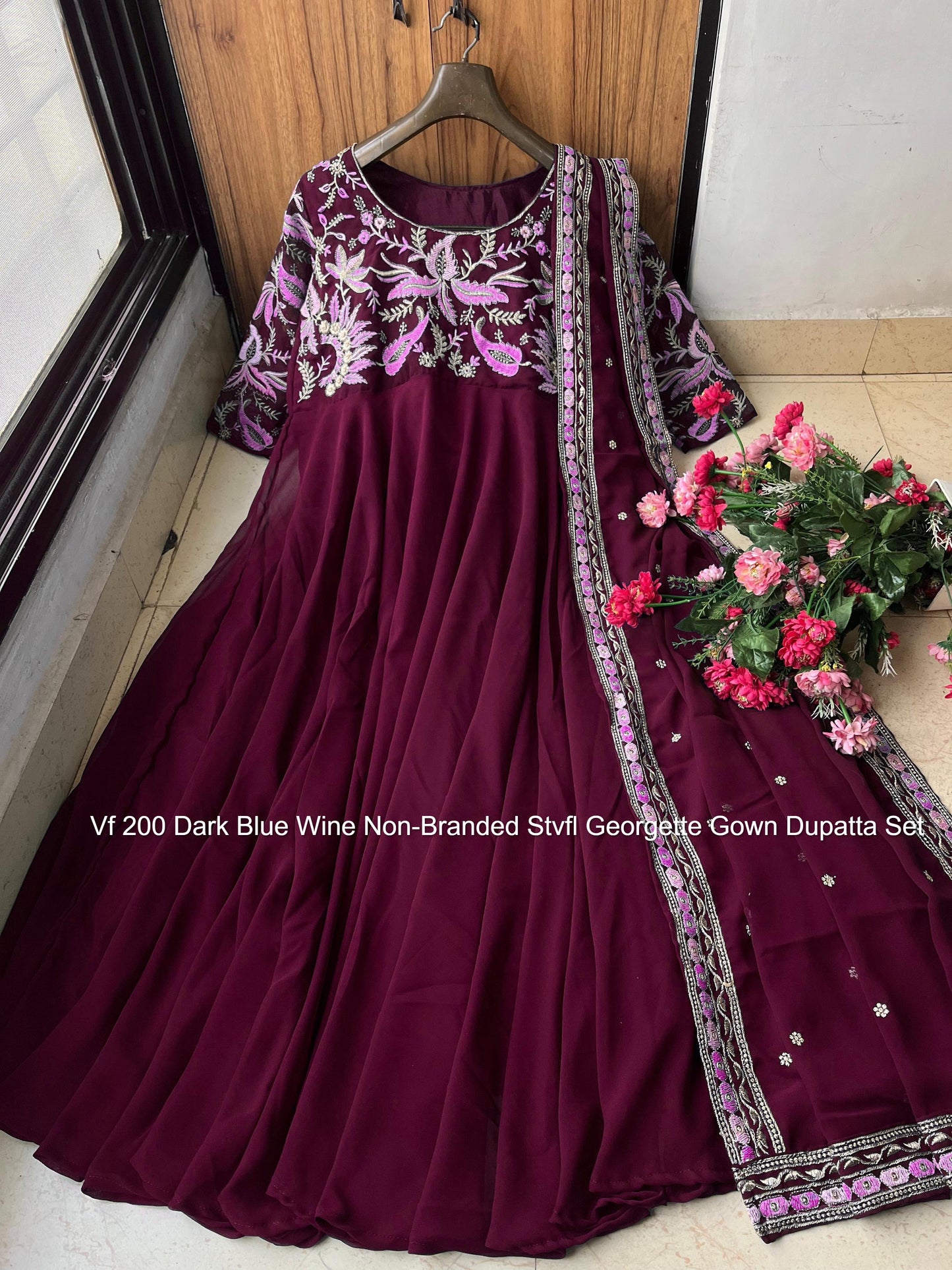 Vf 200 Dark Blue Wine Non-Branded Stvfl Georgette Gown Dupatta Set