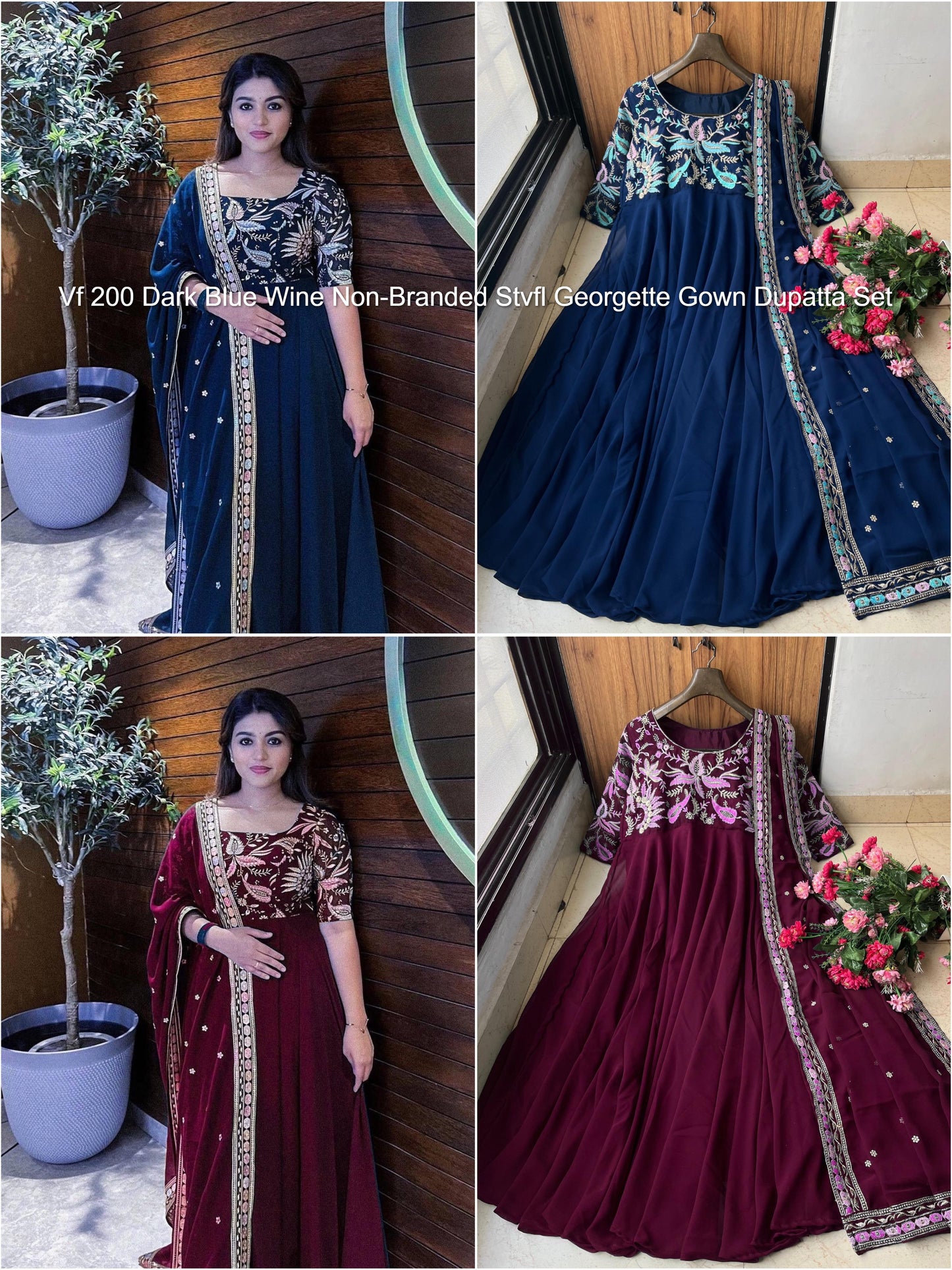 Vf 200 Dark Blue Wine Non-Branded Stvfl Georgette Gown Dupatta Set