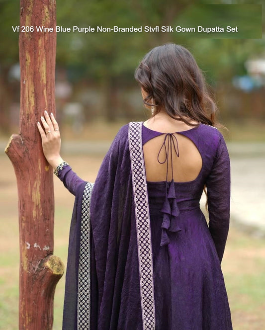 Vf 206 Wine Blue Purple Non-Branded Stvfl Silk Gown Dupatta Set