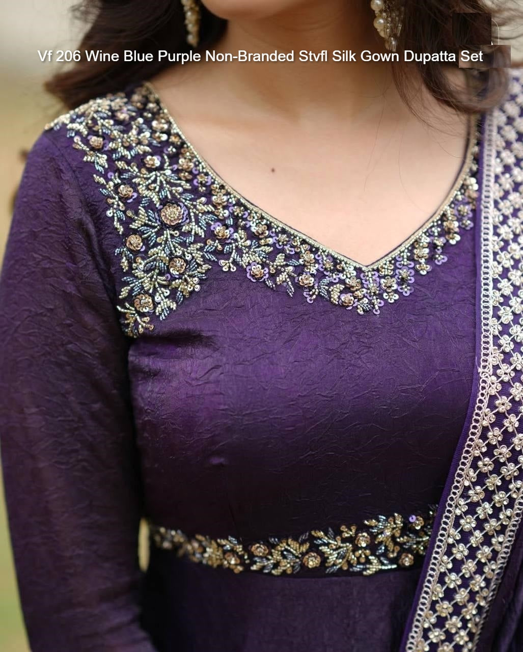 Vf 206 Wine Blue Purple Non-Branded Stvfl Silk Gown Dupatta Set