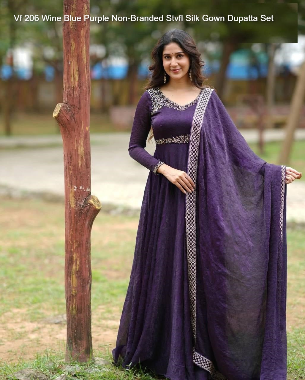 Vf 206 Wine Blue Purple Non-Branded Stvfl Silk Gown Dupatta Set