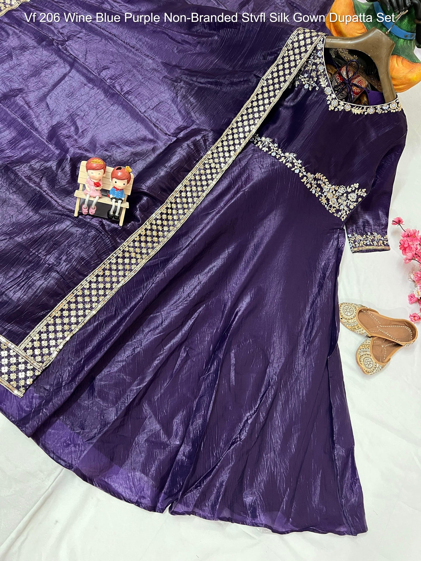 Vf 206 Wine Blue Purple Non-Branded Stvfl Silk Gown Dupatta Set