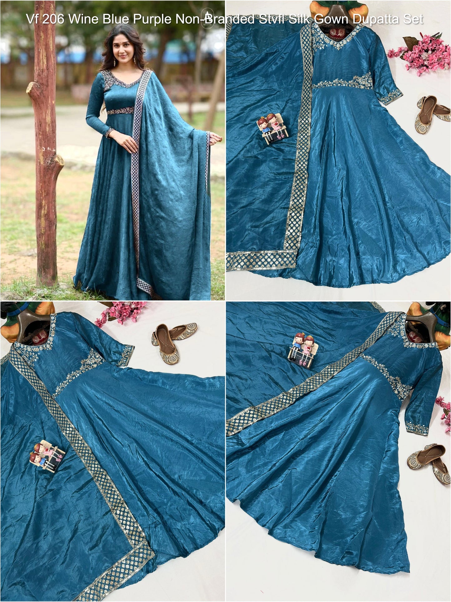 Vf 206 Wine Blue Purple Non-Branded Stvfl Silk Gown Dupatta Set