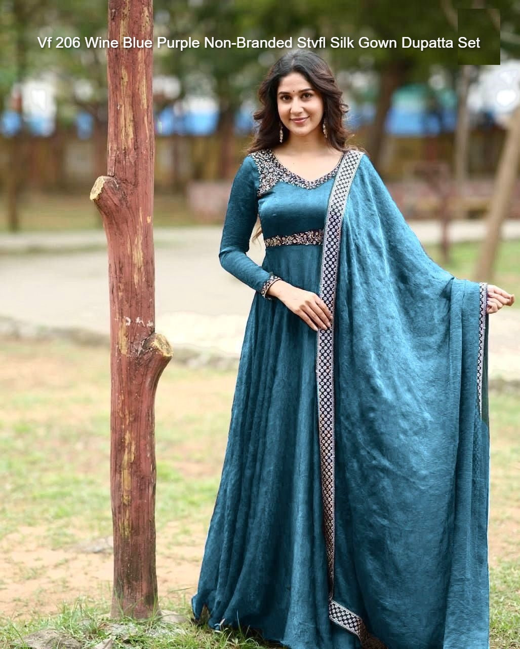 Vf 206 Wine Blue Purple Non-Branded Stvfl Silk Gown Dupatta Set