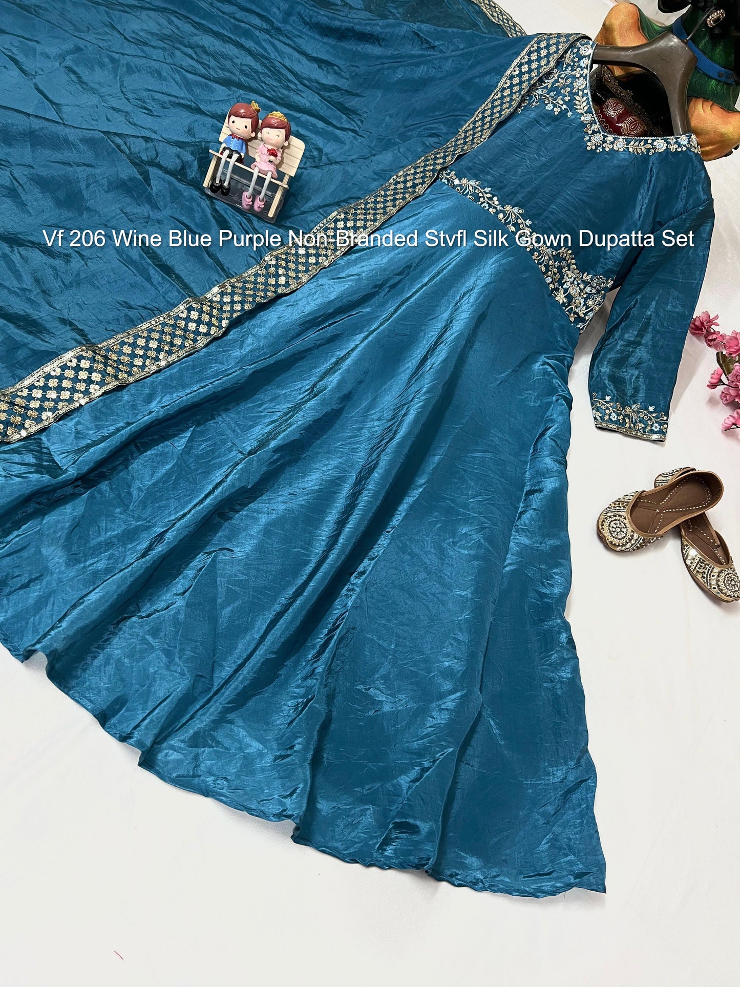 Vf 206 Wine Blue Purple Non-Branded Stvfl Silk Gown Dupatta Set