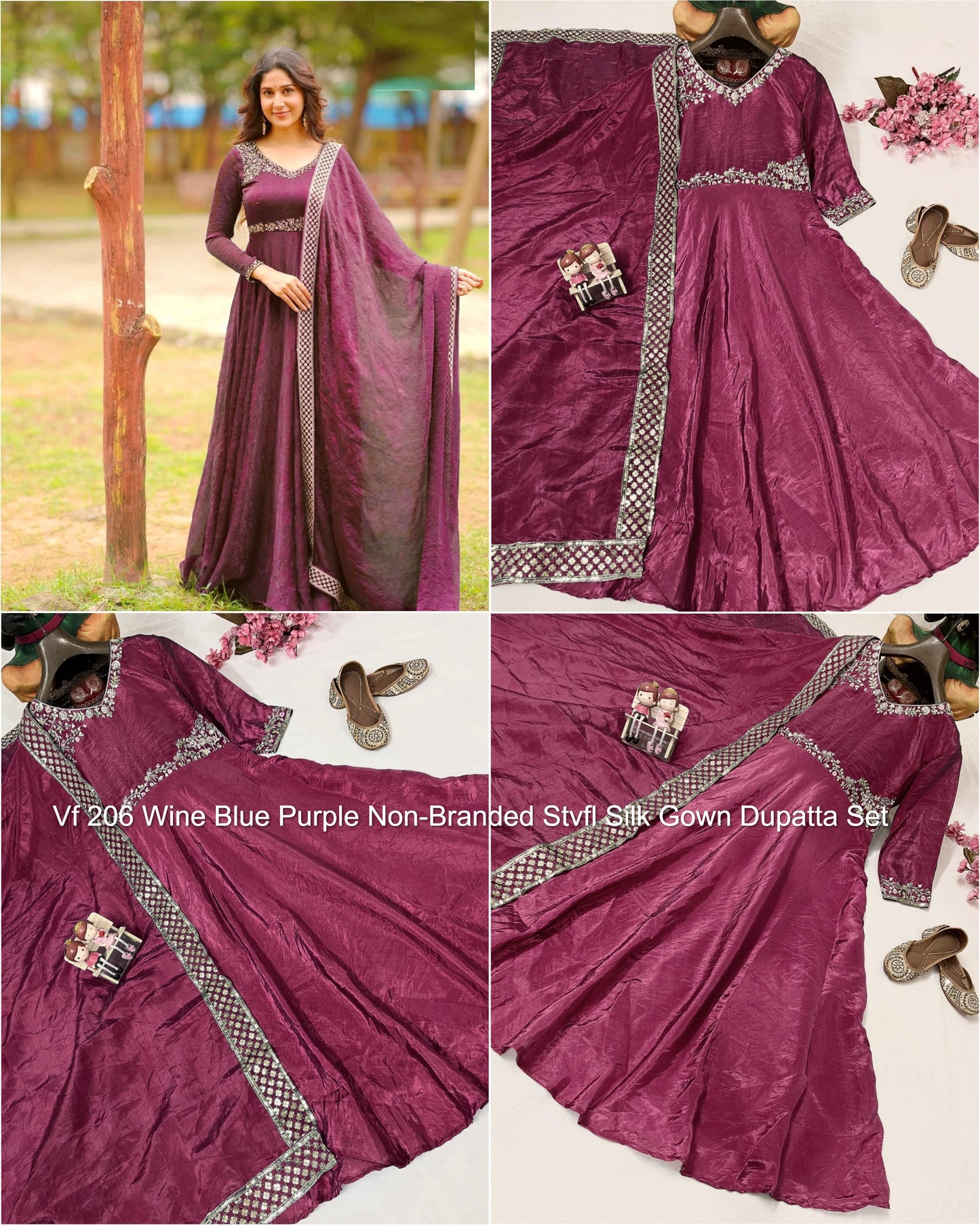 Vf 206 Wine Blue Purple Non-Branded Stvfl Silk Gown Dupatta Set