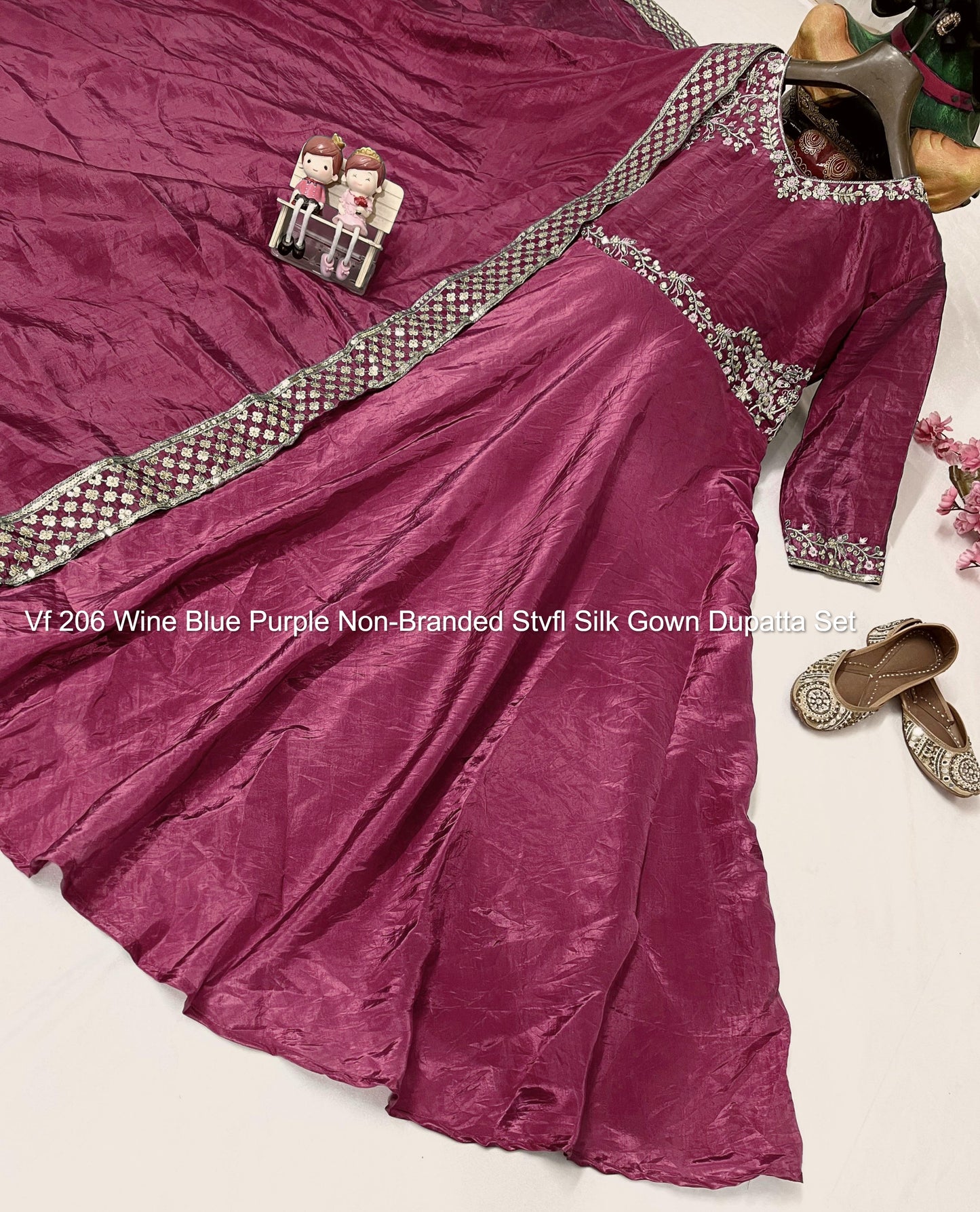 Vf 206 Wine Blue Purple Non-Branded Stvfl Silk Gown Dupatta Set