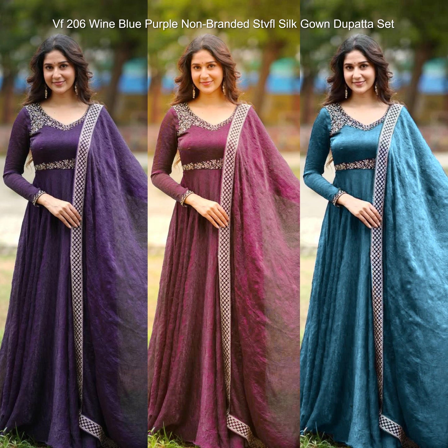 Vf 206 Wine Blue Purple Non-Branded Stvfl Silk Gown Dupatta Set