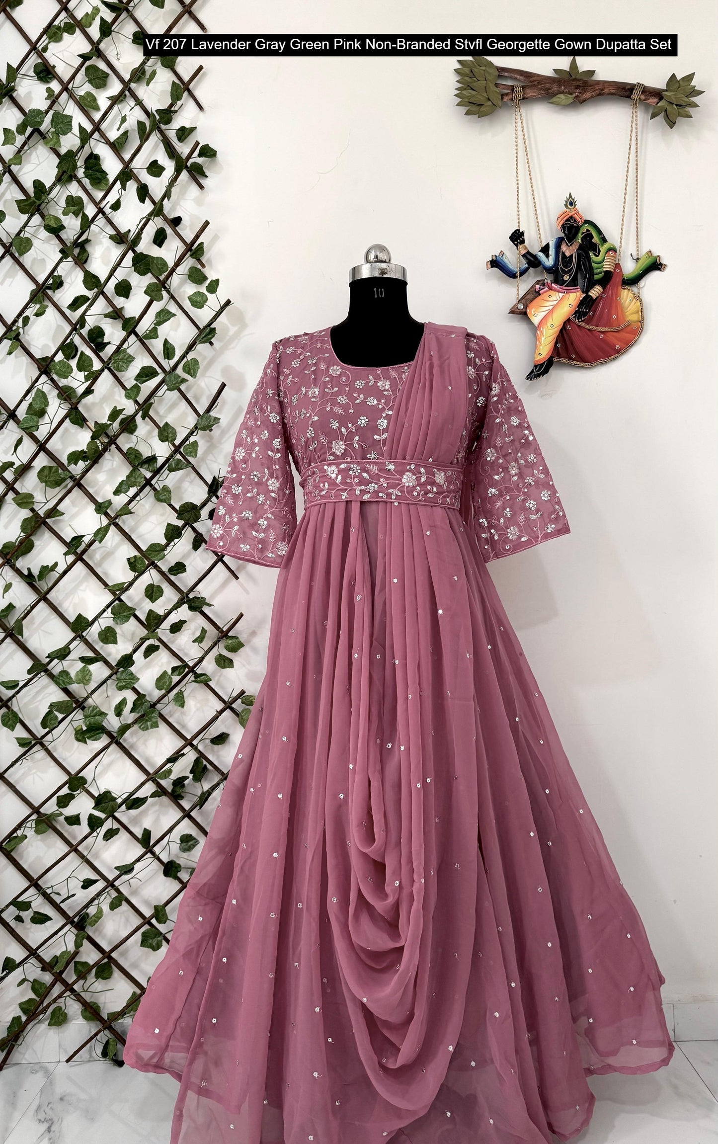 Vf 207 Lavender Gray Green Pink Non-Branded Stvfl Georgette Gown Dupatta Set