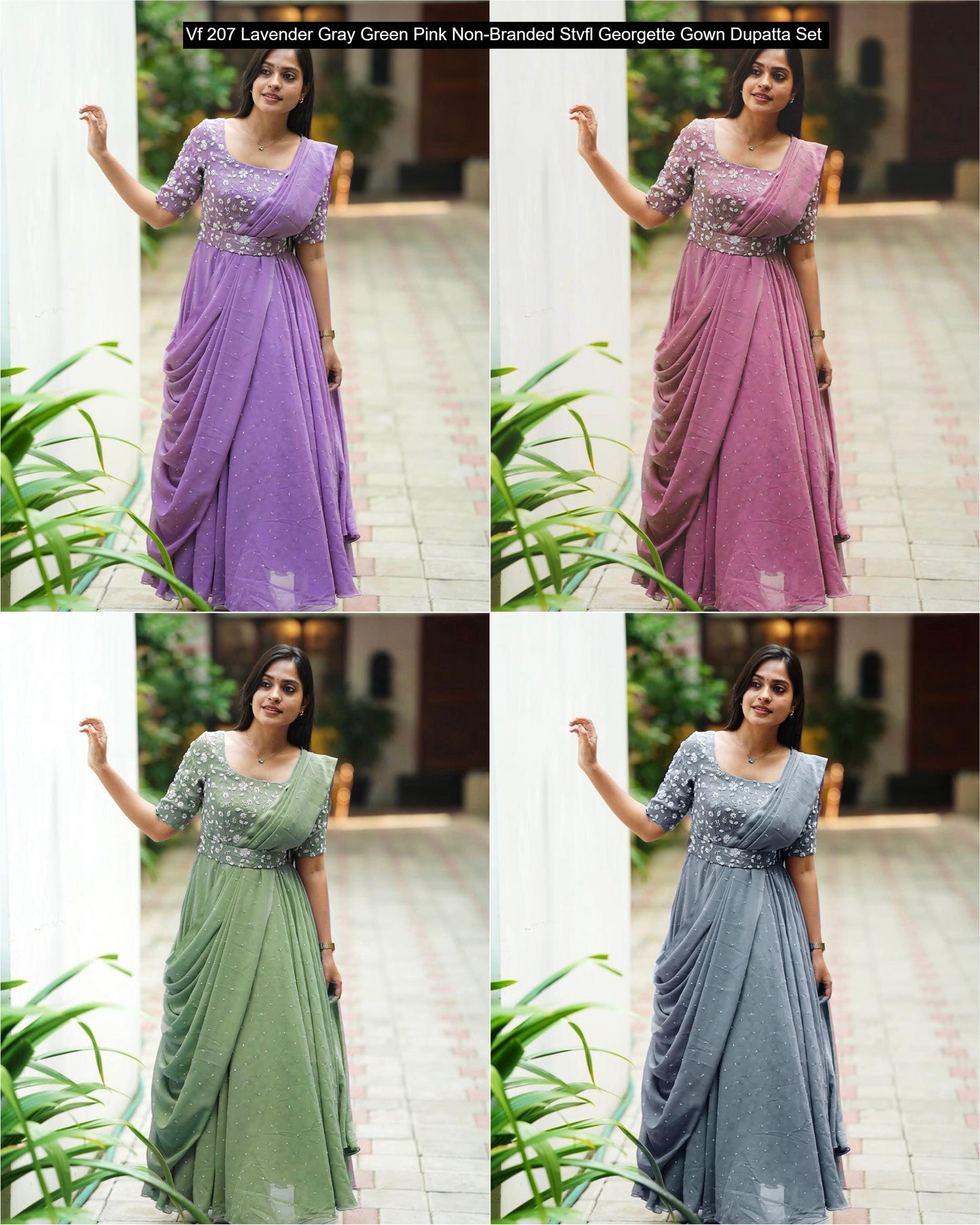 Vf 207 Lavender Gray Green Pink Non-Branded Stvfl Georgette Gown Dupatta Set