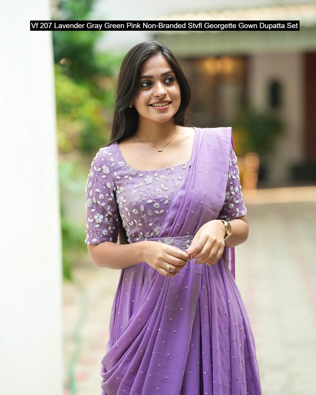 Vf 207 Lavender Gray Green Pink Non-Branded Stvfl Georgette Gown Dupatta Set