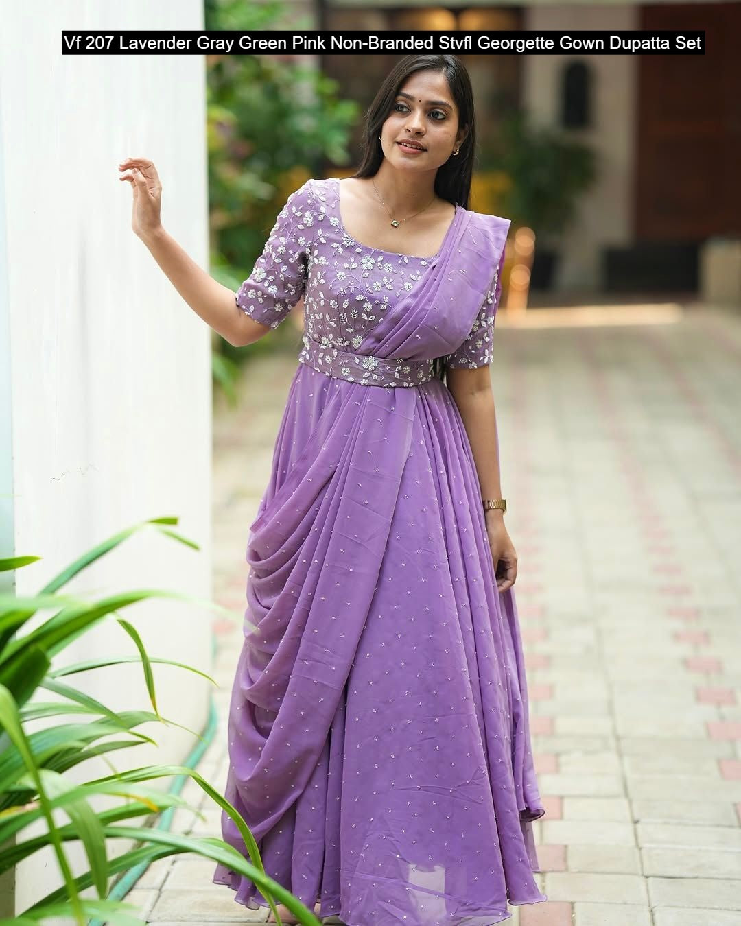 Vf 207 Lavender Gray Green Pink Non-Branded Stvfl Georgette Gown Dupatta Set