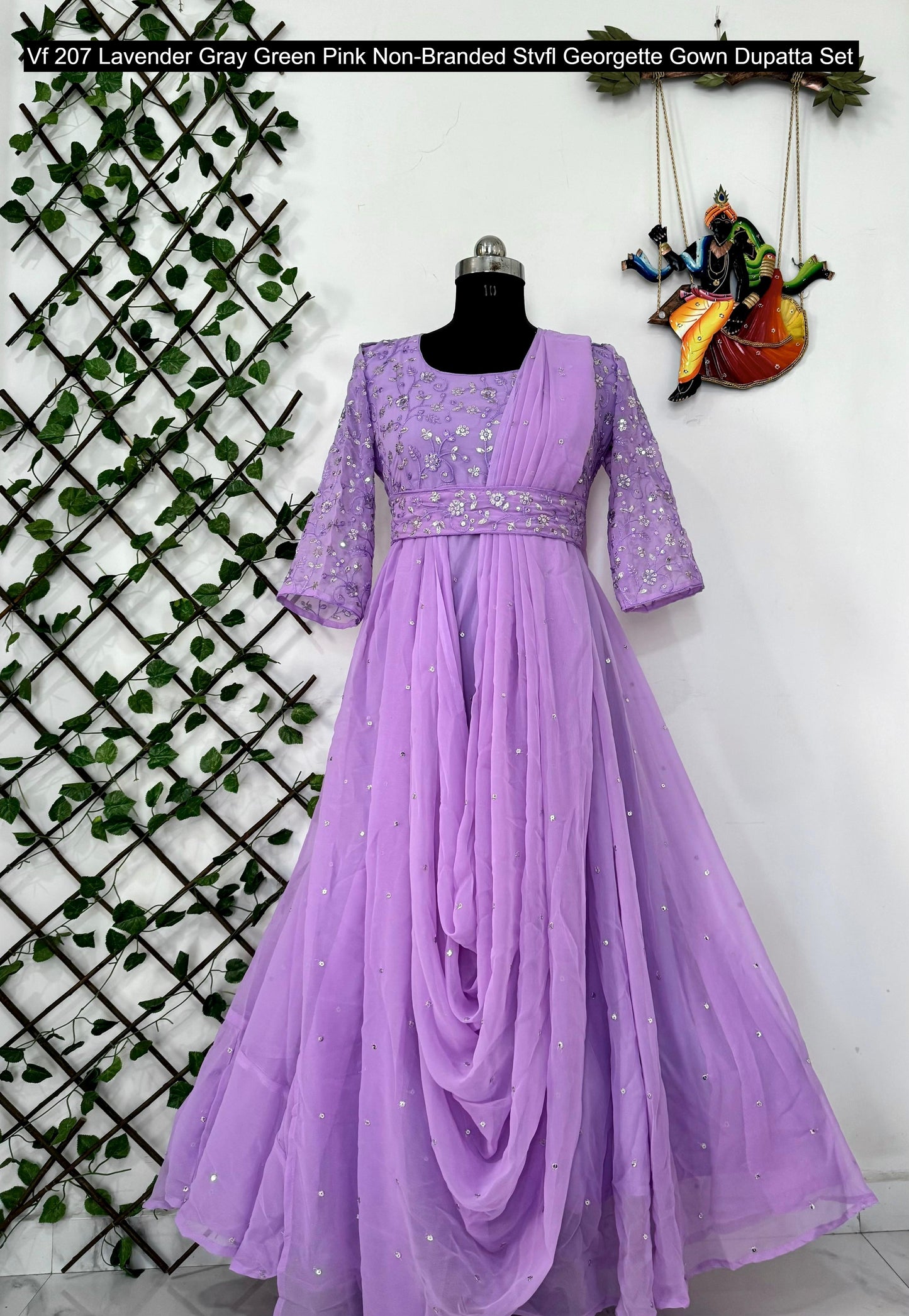 Vf 207 Lavender Gray Green Pink Non-Branded Stvfl Georgette Gown Dupatta Set