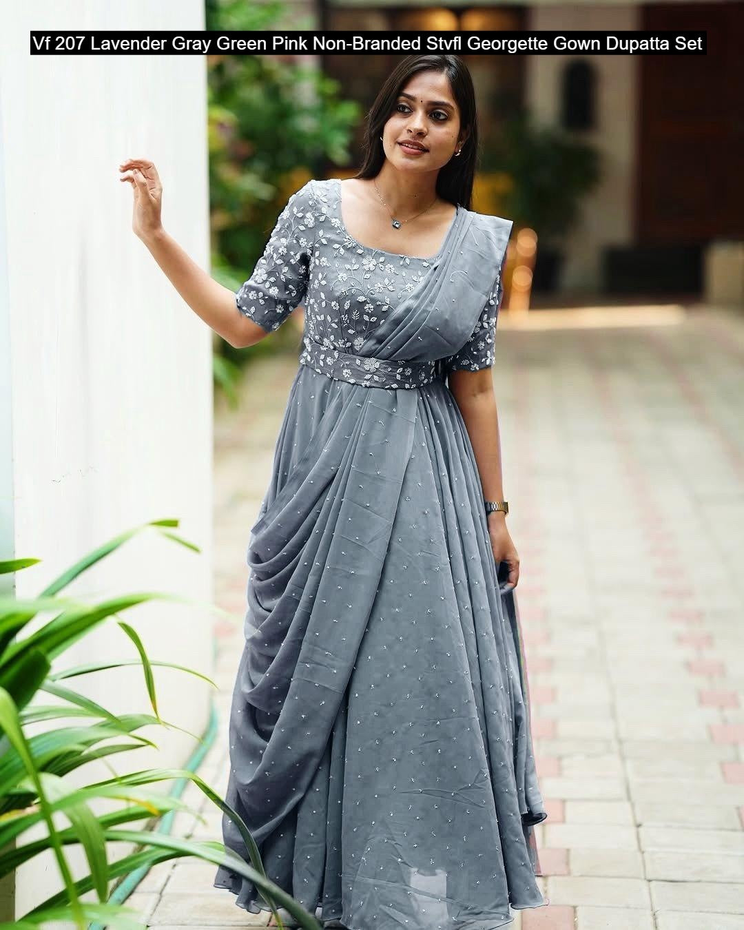 Vf 207 Lavender Gray Green Pink Non-Branded Stvfl Georgette Gown Dupatta Set