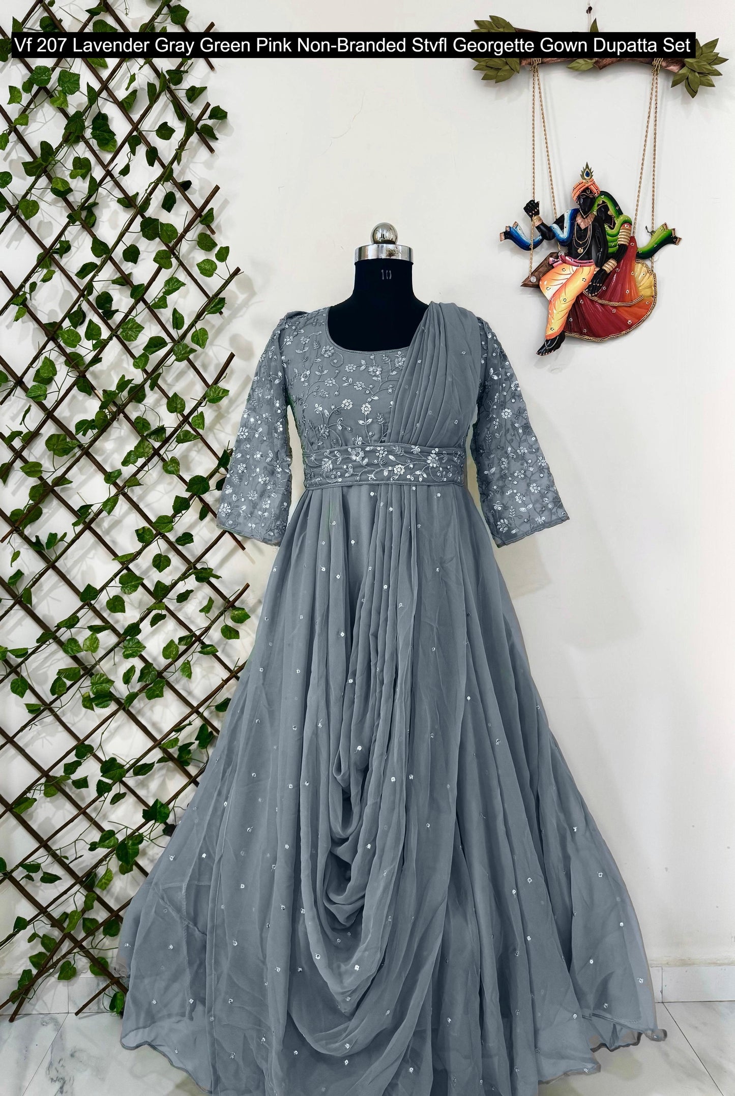 Vf 207 Lavender Gray Green Pink Non-Branded Stvfl Georgette Gown Dupatta Set