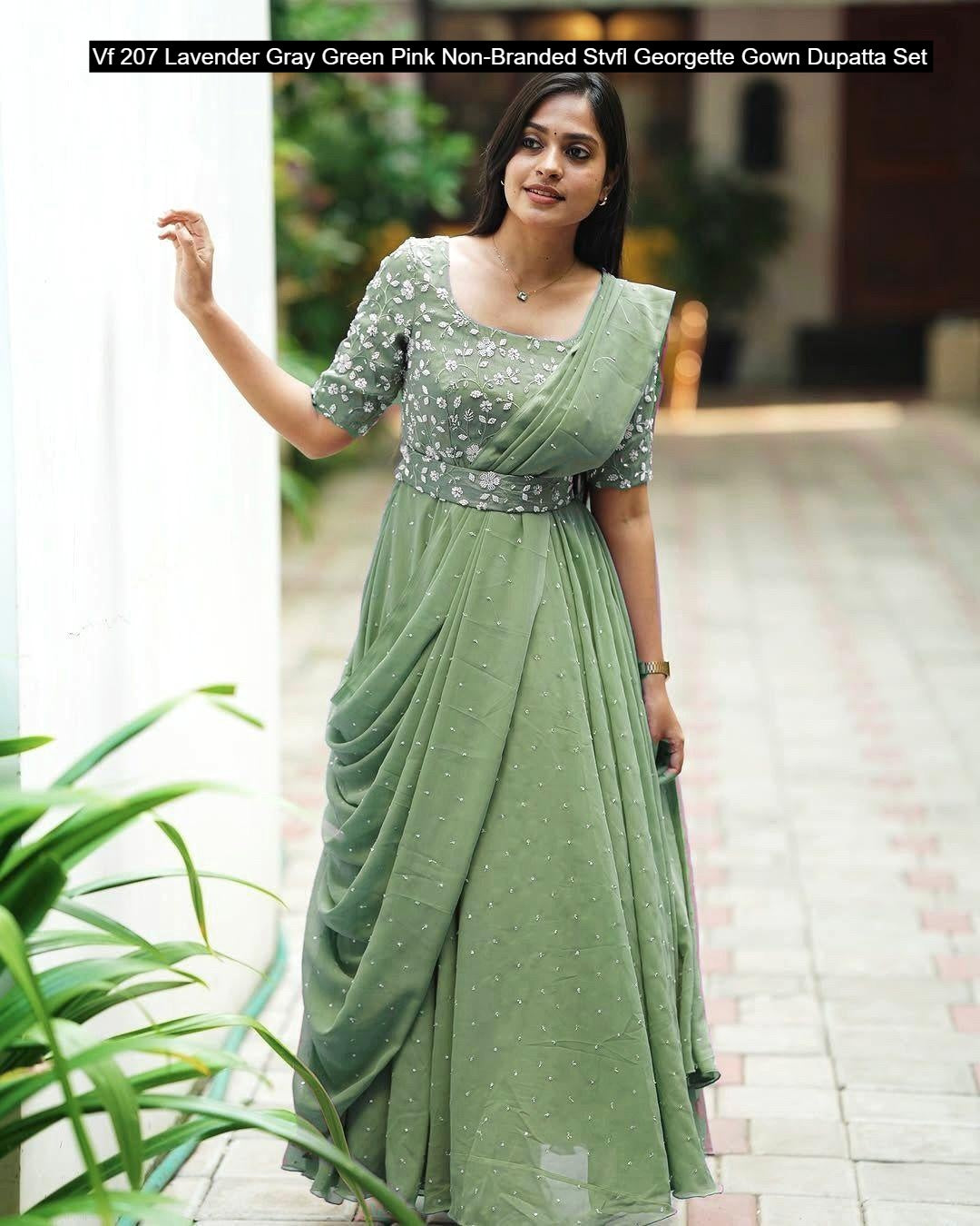 Vf 207 Lavender Gray Green Pink Non-Branded Stvfl Georgette Gown Dupatta Set