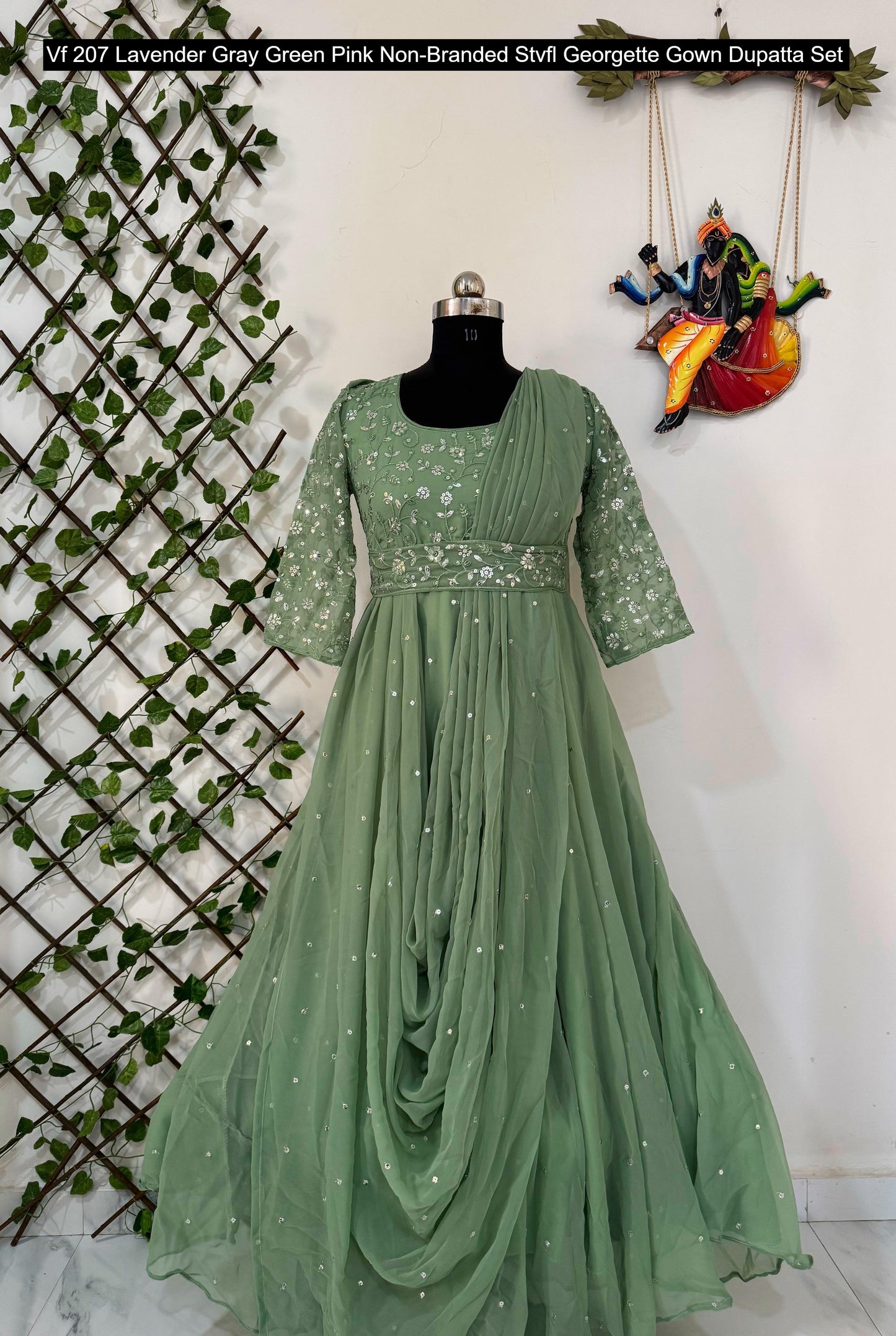 Vf 207 Lavender Gray Green Pink Non-Branded Stvfl Georgette Gown Dupatta Set