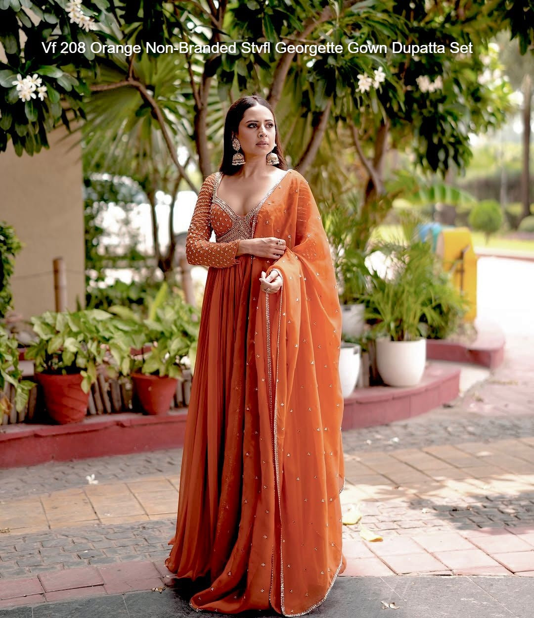 Vf 208 Orange Non-Branded Stvfl Georgette Gown Dupatta Set