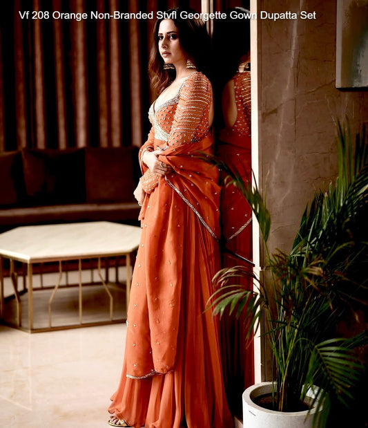 Vf 208 Orange Non-Branded Stvfl Georgette Gown Dupatta Set