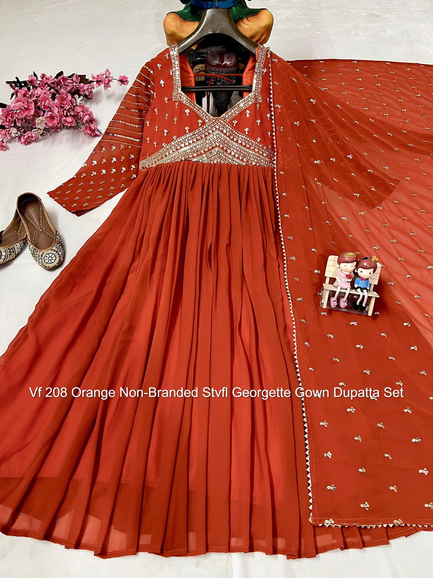Vf 208 Orange Non-Branded Stvfl Georgette Gown Dupatta Set