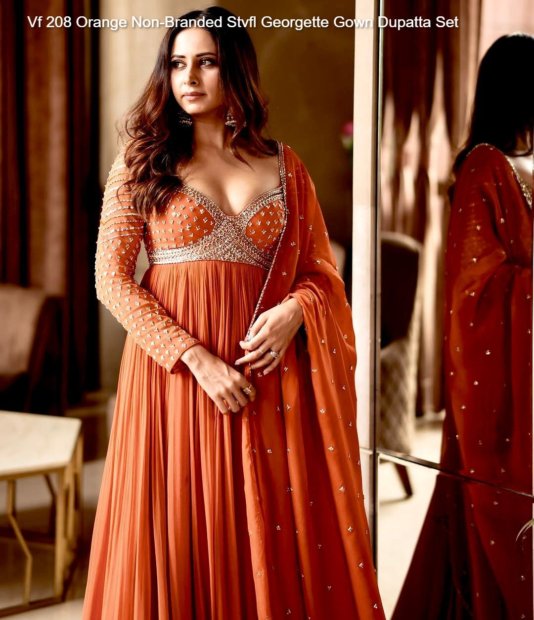 Vf 208 Orange Non-Branded Stvfl Georgette Gown Dupatta Set