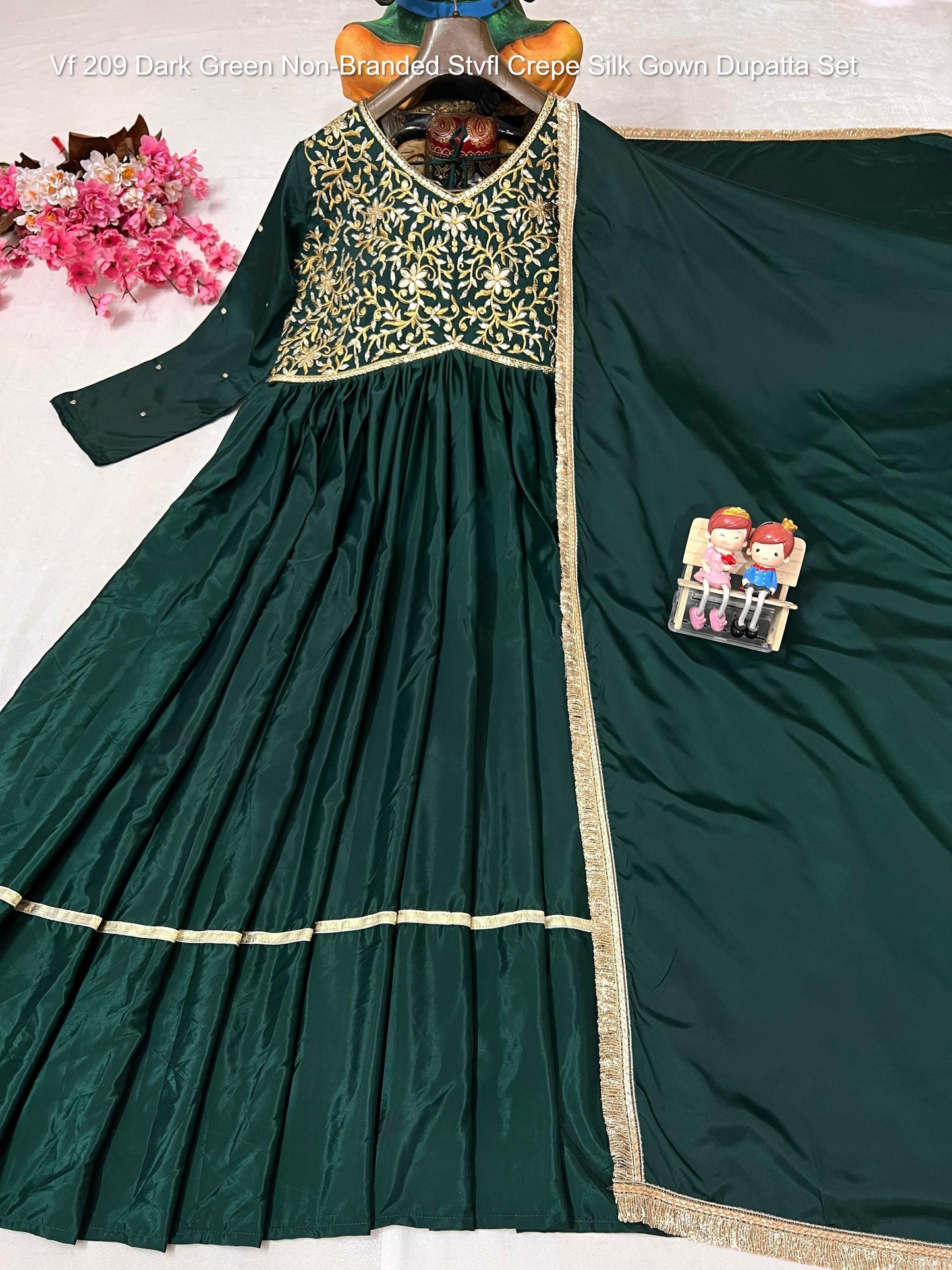Vf 209 Dark Green Non-Branded Stvfl Crepe Silk Gown Dupatta Set