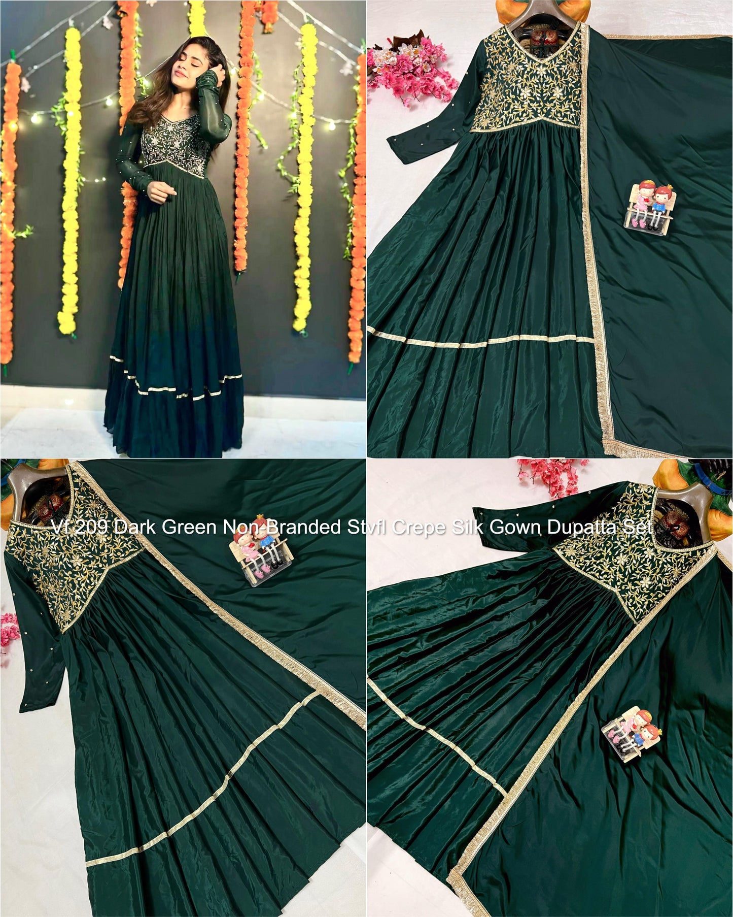 Vf 209 Dark Green Non-Branded Stvfl Crepe Silk Gown Dupatta Set