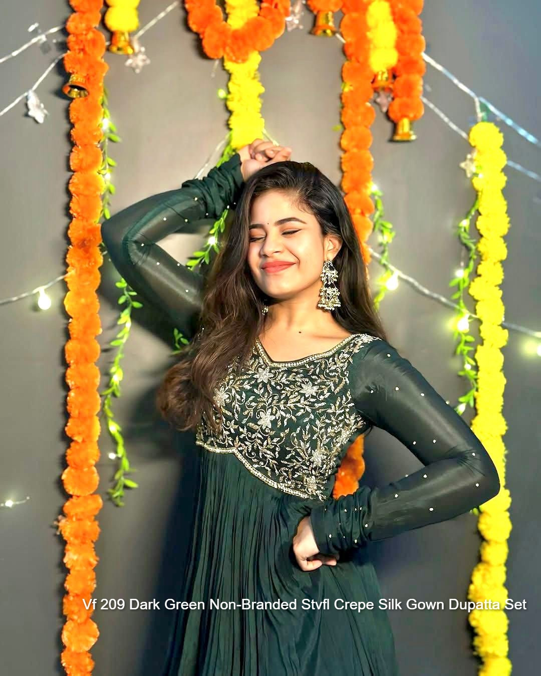 Vf 209 Dark Green Non-Branded Stvfl Crepe Silk Gown Dupatta Set