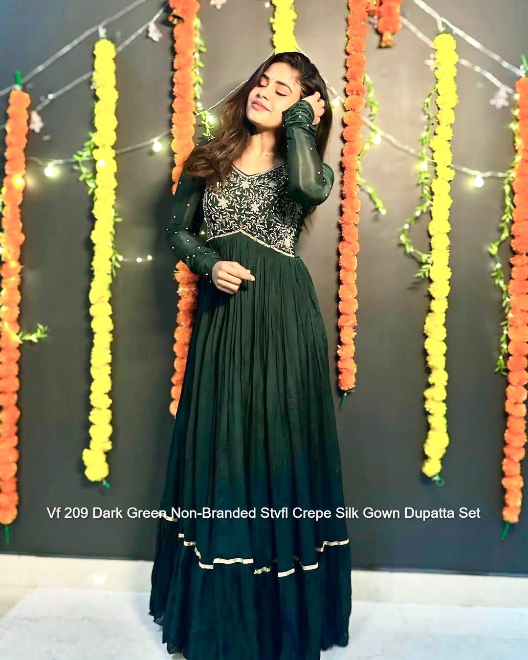 Vf 209 Dark Green Non-Branded Stvfl Crepe Silk Gown Dupatta Set