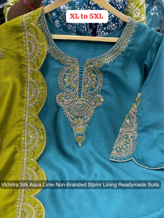 Vichitra Silk Aqua Lime Non-Branded Stpmr Lining Readymade Suits