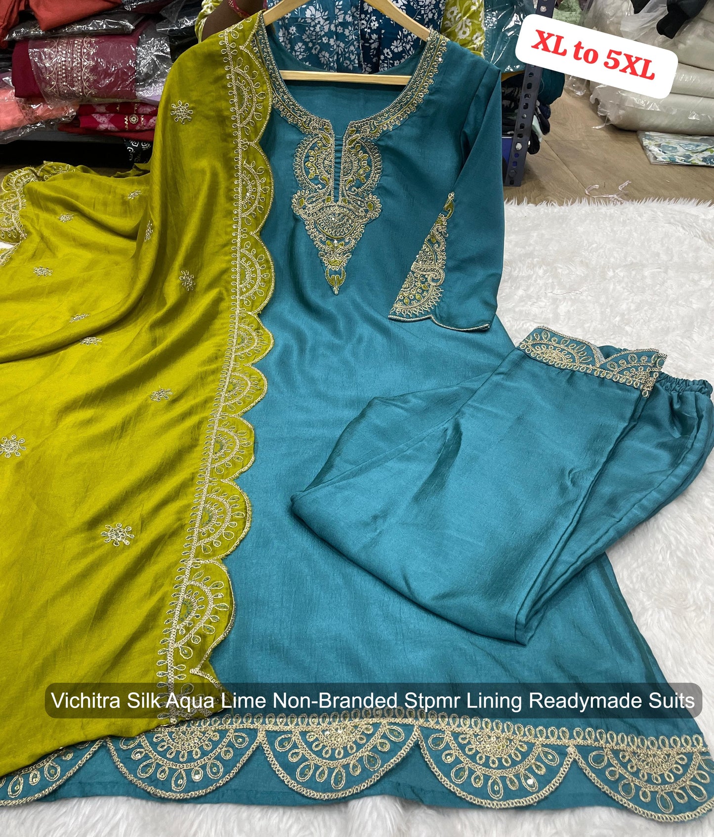 Vichitra Silk Aqua Lime Non-Branded Stpmr Lining Readymade Suits