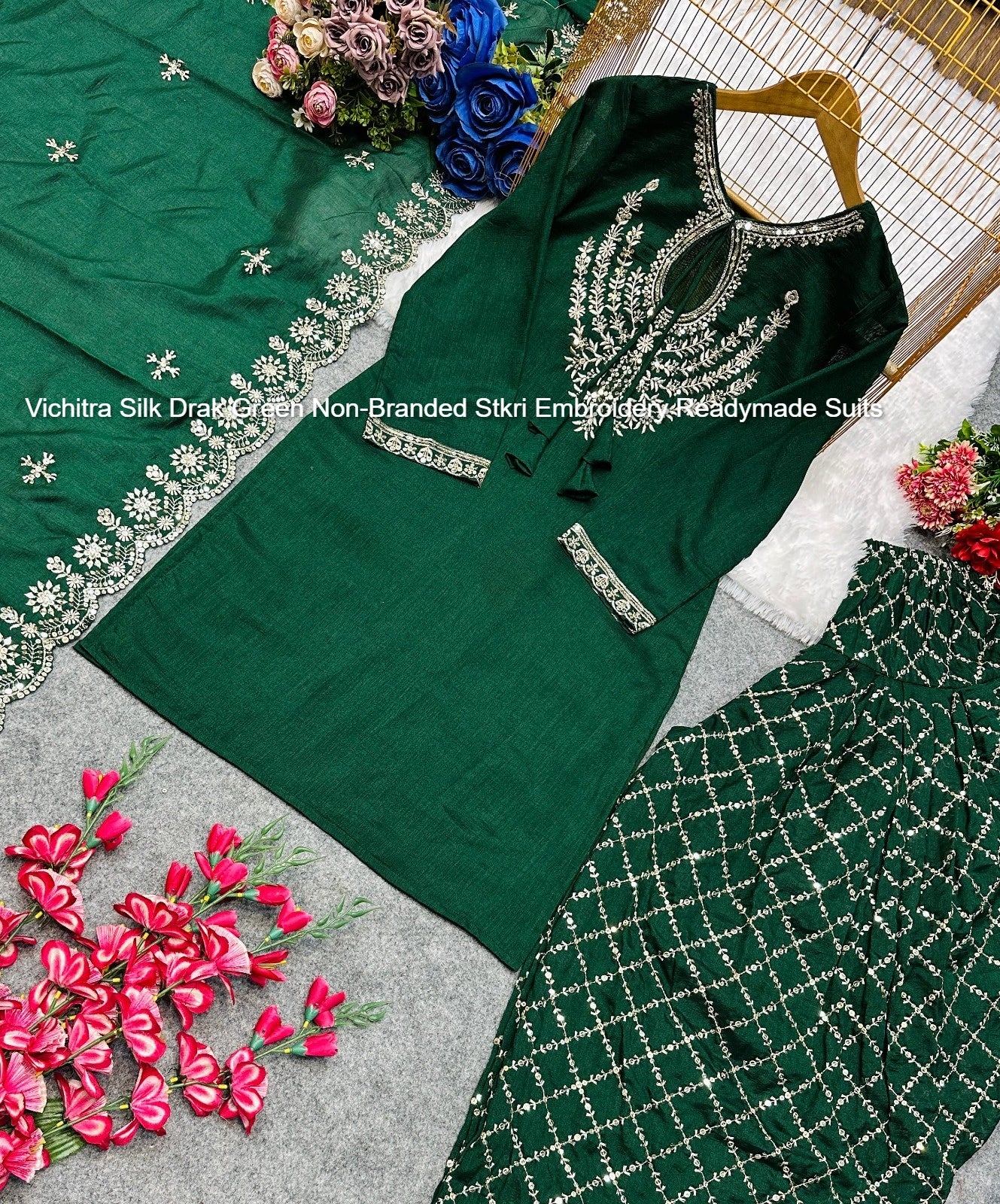 Vichitra Silk Drak Green Non-Branded Stkri Embroidery Readymade Suits