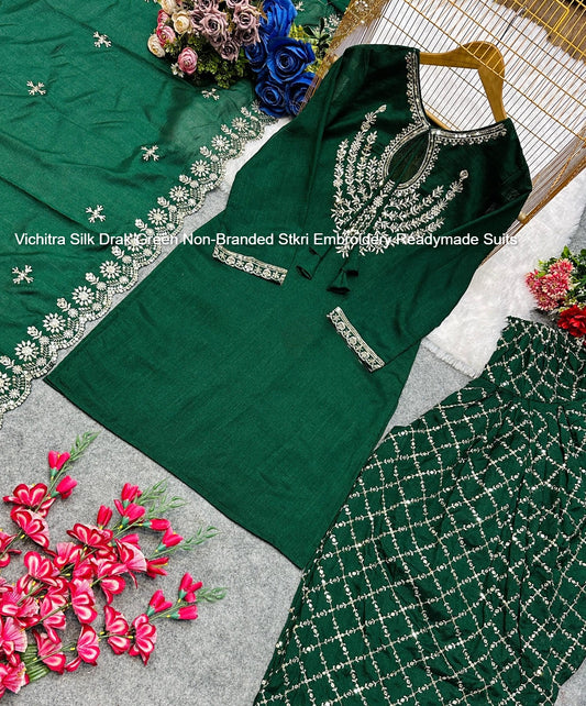 Vichitra Silk Drak Green Non-Branded Stkri Embroidery Readymade Suits