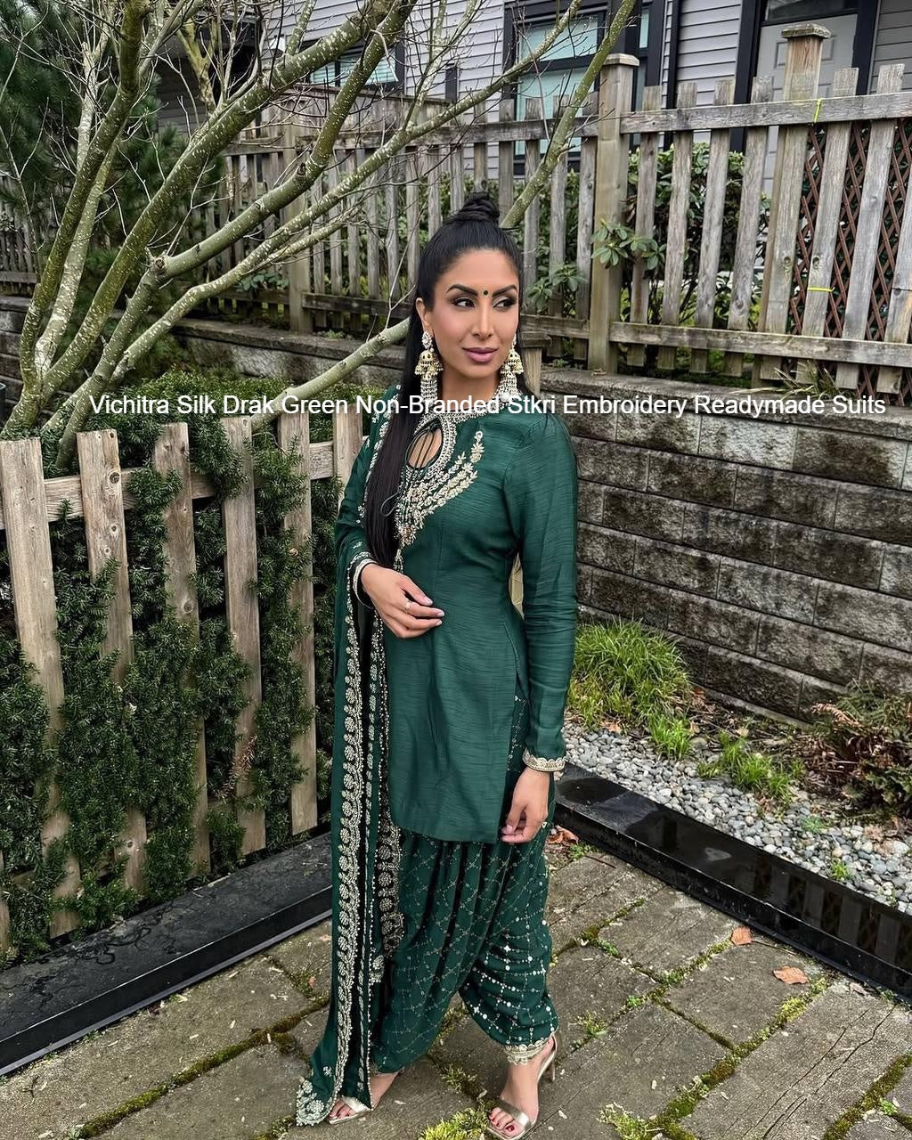 Vichitra Silk Drak Green Non-Branded Stkri Embroidery Readymade Suits