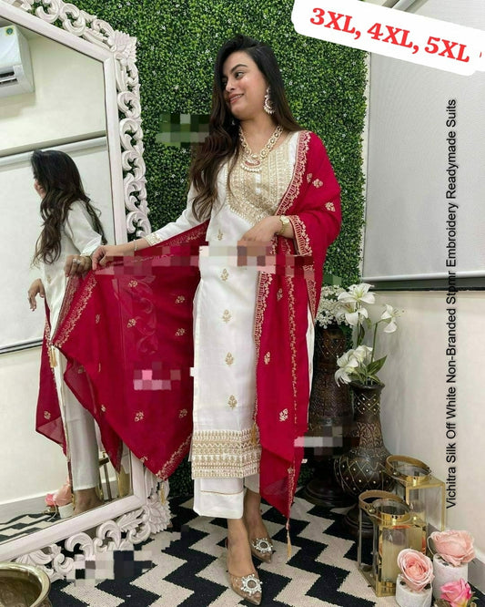 Vichitra Silk Off White Non-Branded Stpmr Embroidery Readymade Suits