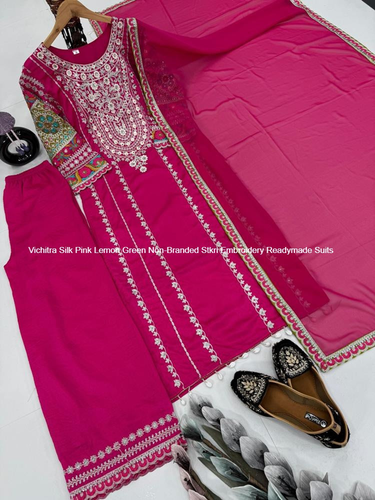 Vichitra Silk Pink Lemon Green Non-Branded Stkri Embroidery Readymade Suits