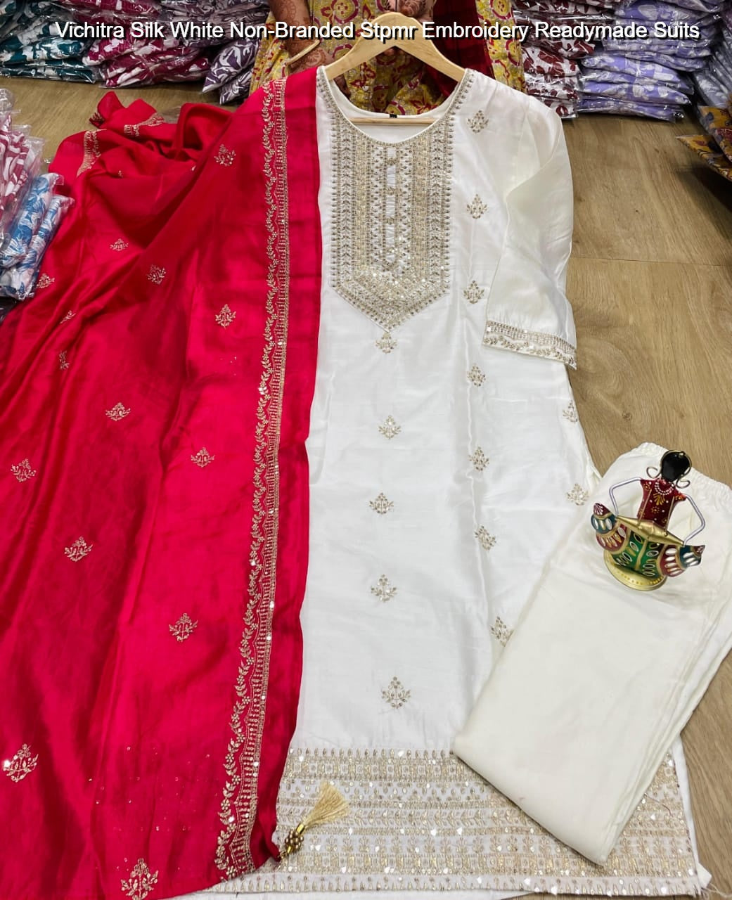 Vichitra Silk White Non-Branded Stpmr Embroidery Readymade Suits