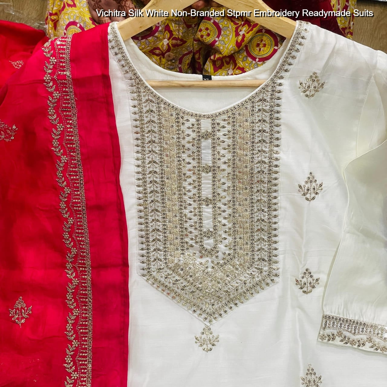 Vichitra Silk White Non-Branded Stpmr Embroidery Readymade Suits