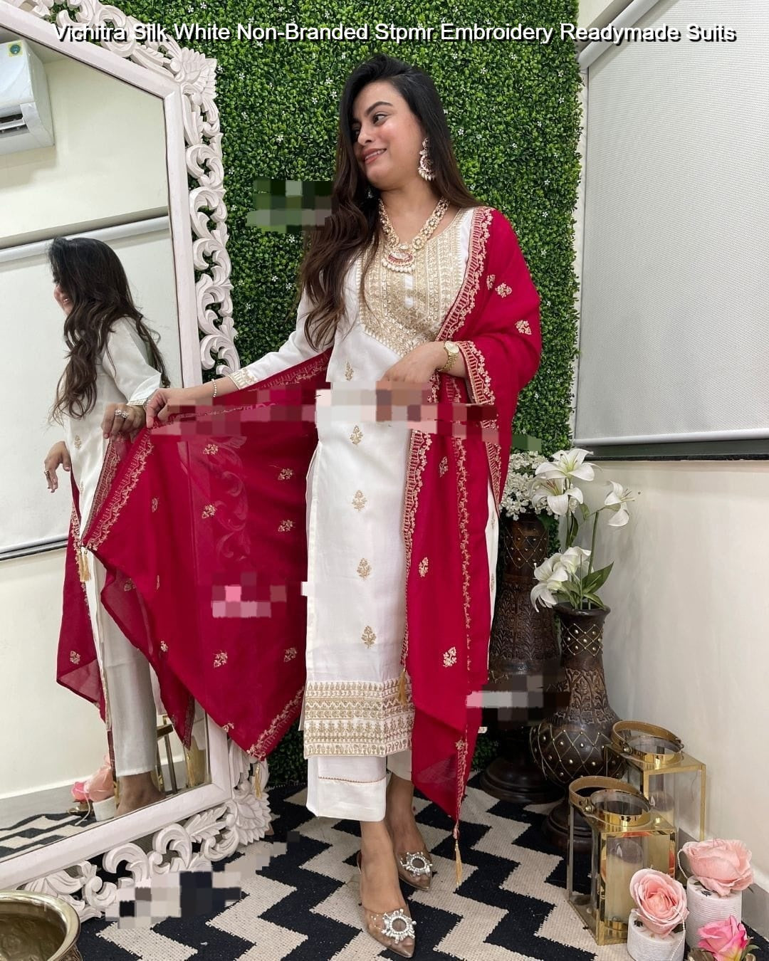 Vichitra Silk White Non-Branded Stpmr Embroidery Readymade Suits