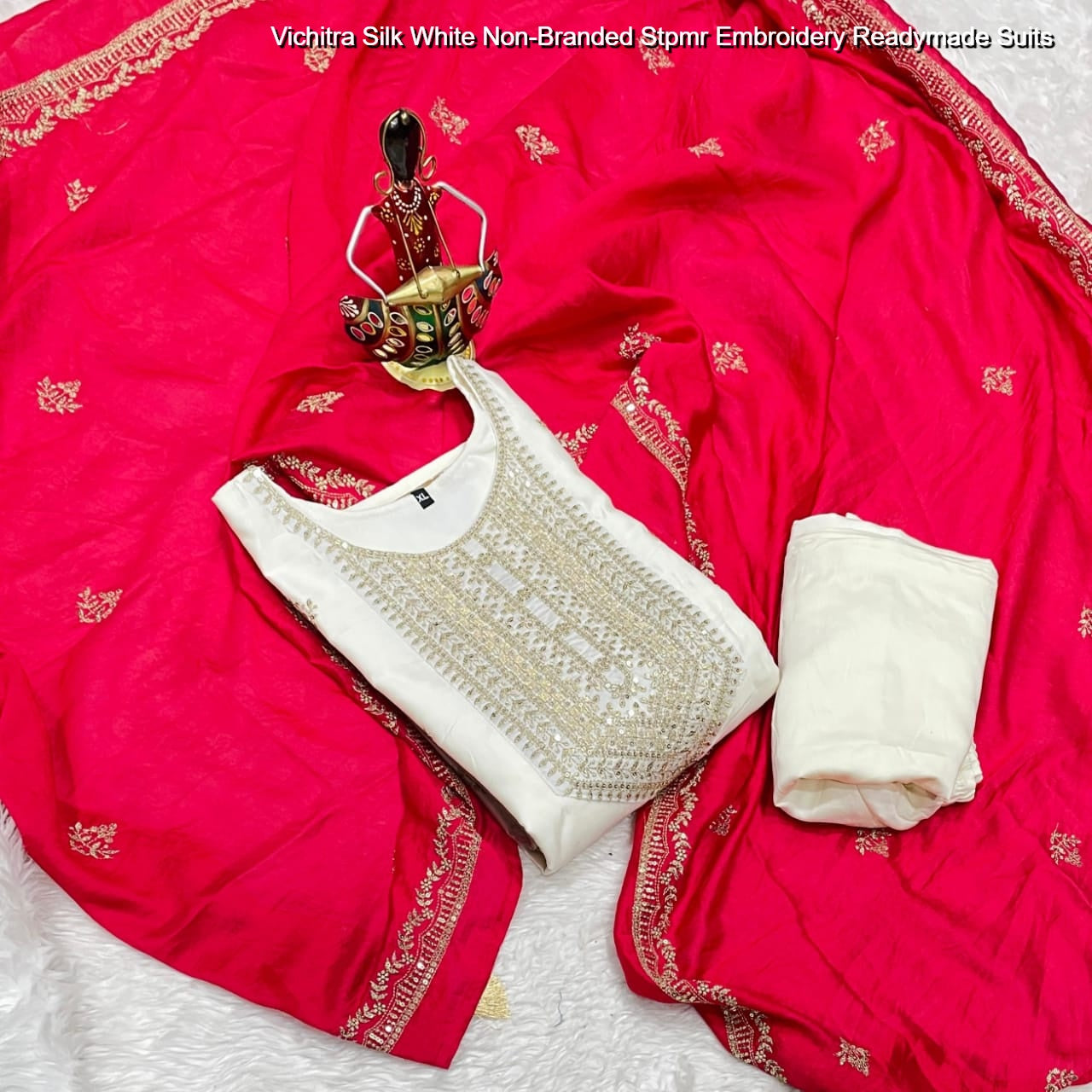 Vichitra Silk White Non-Branded Stpmr Embroidery Readymade Suits