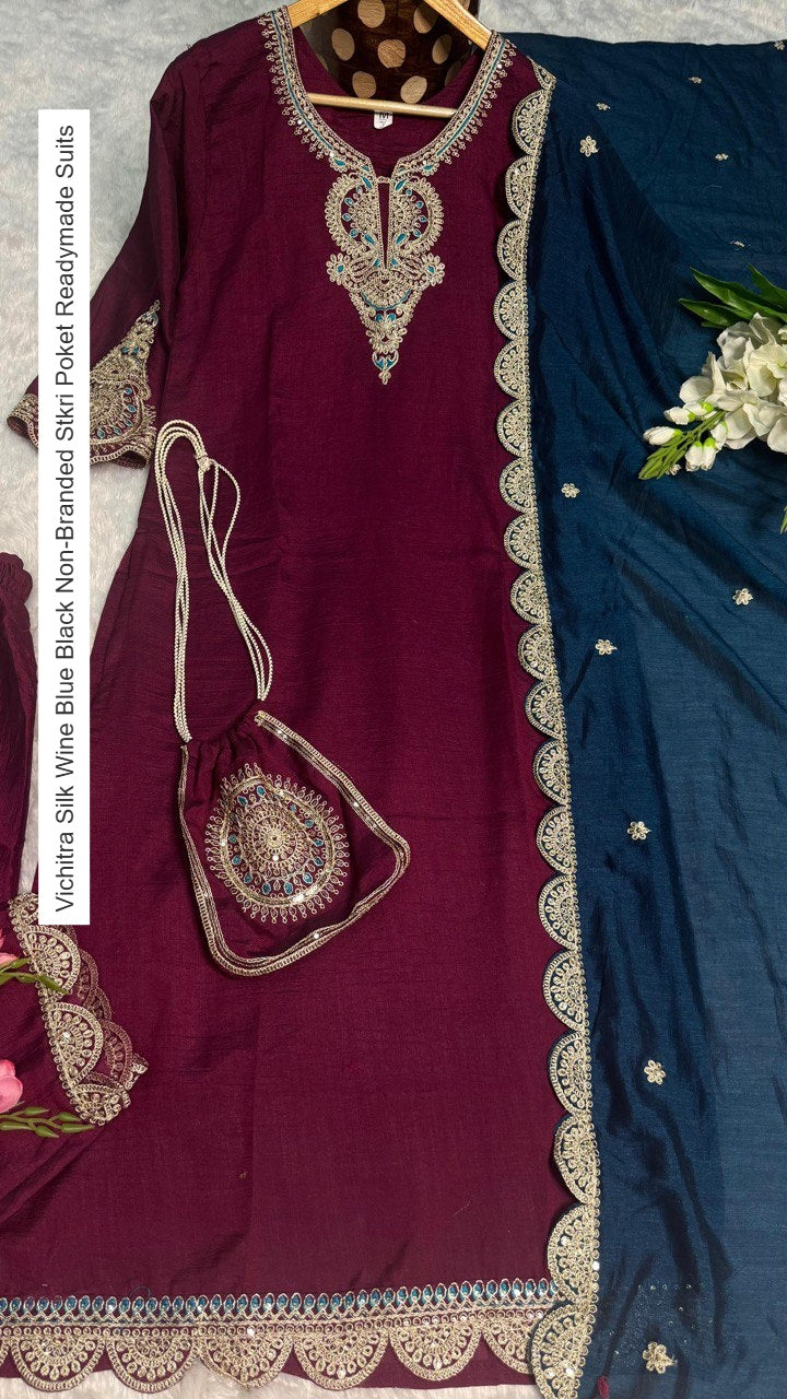 Vichitra Silk Wine Blue Black Non-Branded Stkri Poket Readymade Suits