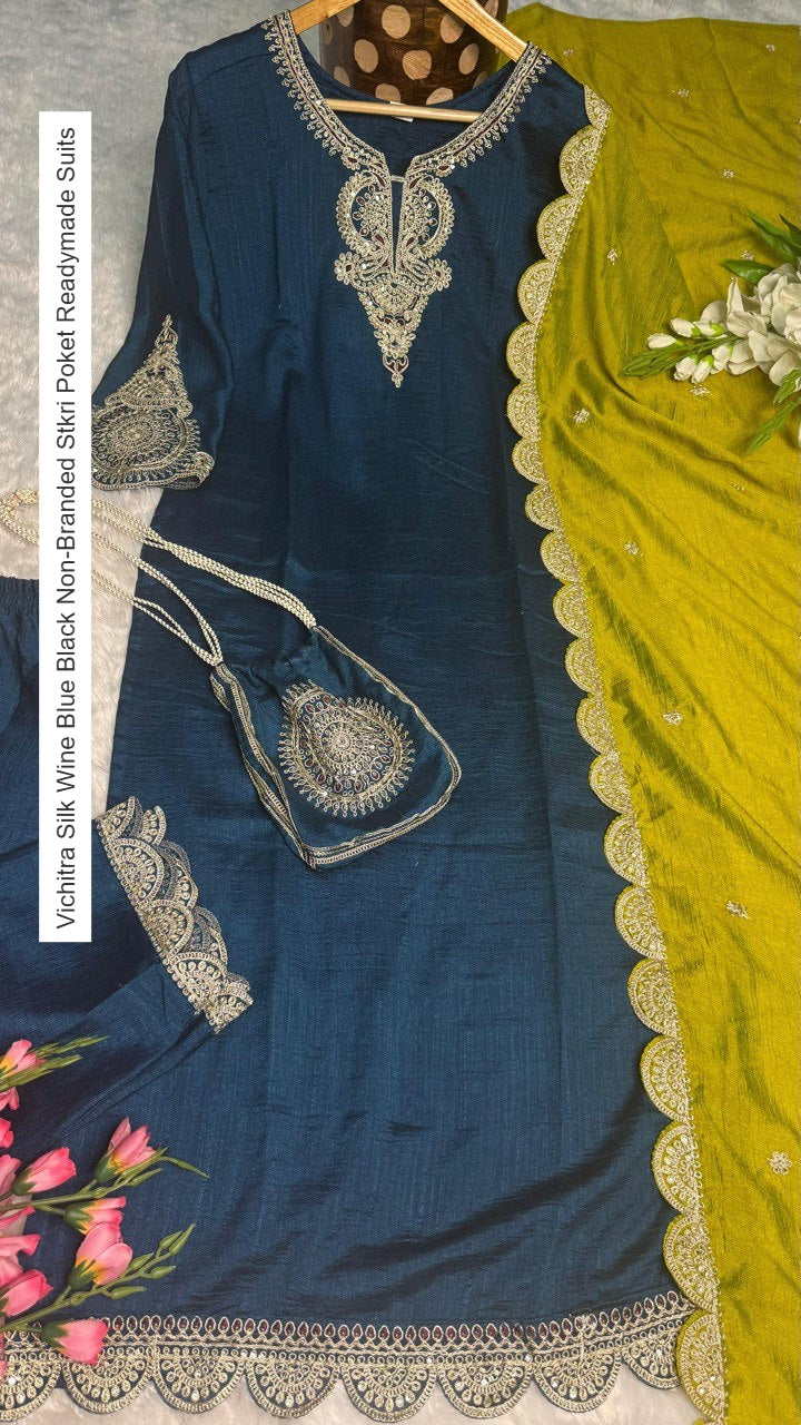 Vichitra Silk Wine Blue Black Non-Branded Stkri Poket Readymade Suits