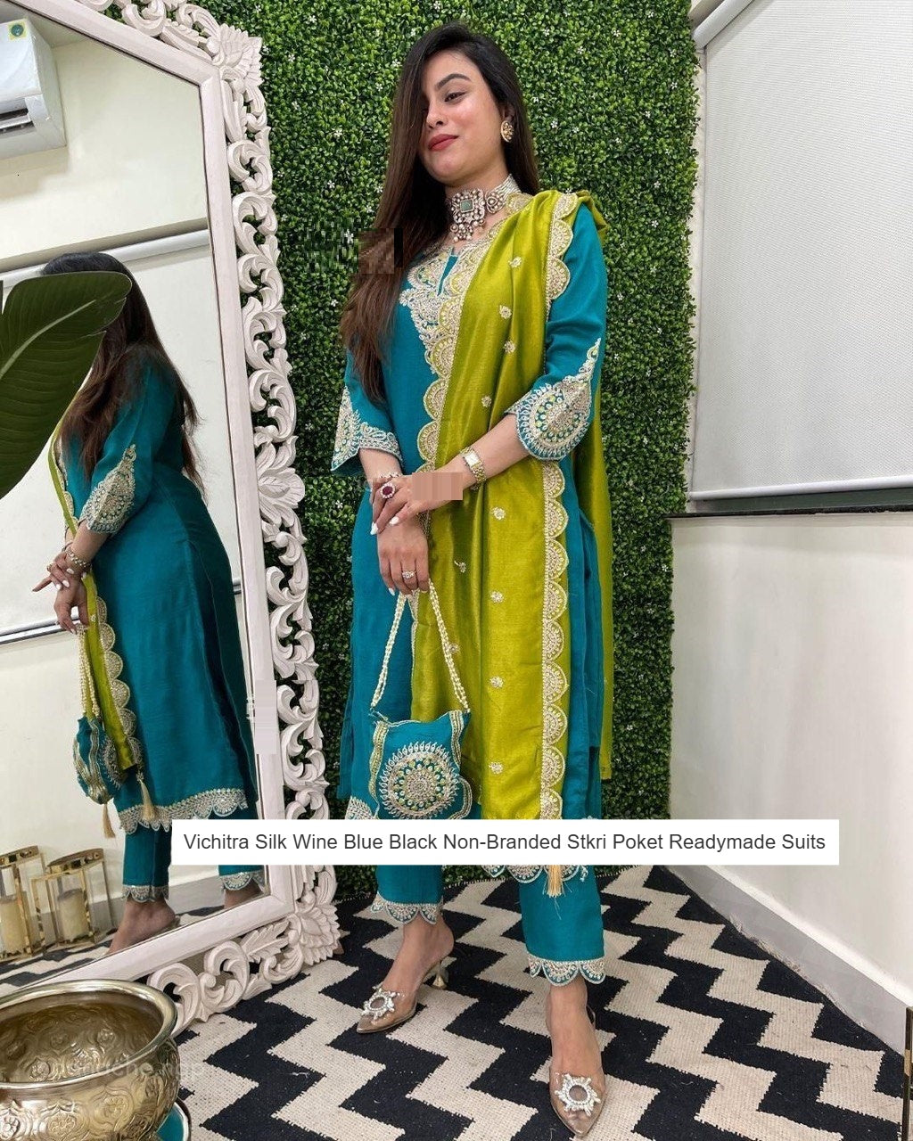 Vichitra Silk Wine Blue Black Non-Branded Stkri Poket Readymade Suits