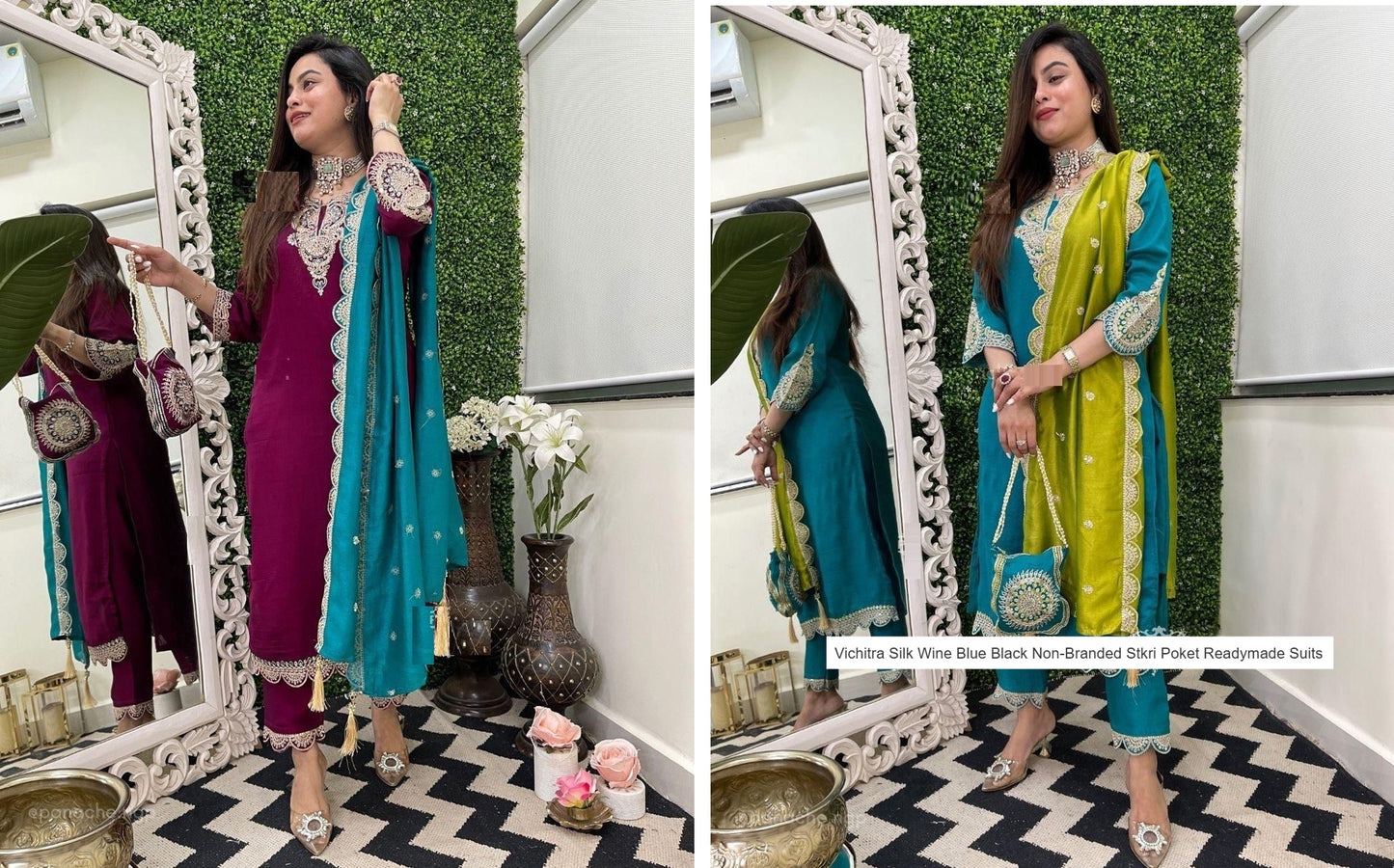 Vichitra Silk Wine Blue Black Non-Branded Stkri Poket Readymade Suits