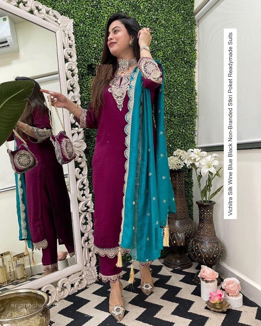 Vichitra Silk Wine Blue Black Non-Branded Stkri Poket Readymade Suits