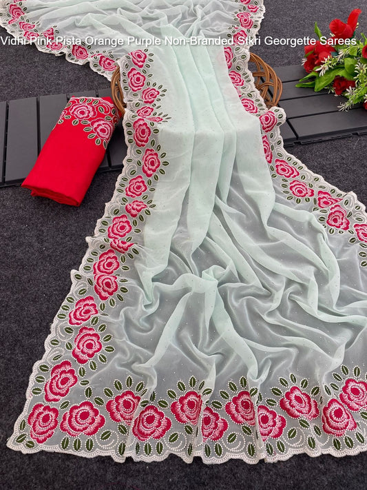 Vidhi Pink Pista Orange Purple Non-Branded Stkri Georgette Sarees