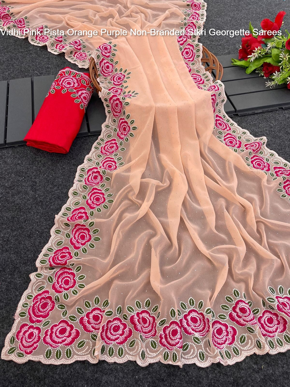 Vidhi Pink Pista Orange Purple Non-Branded Stkri Georgette Sarees