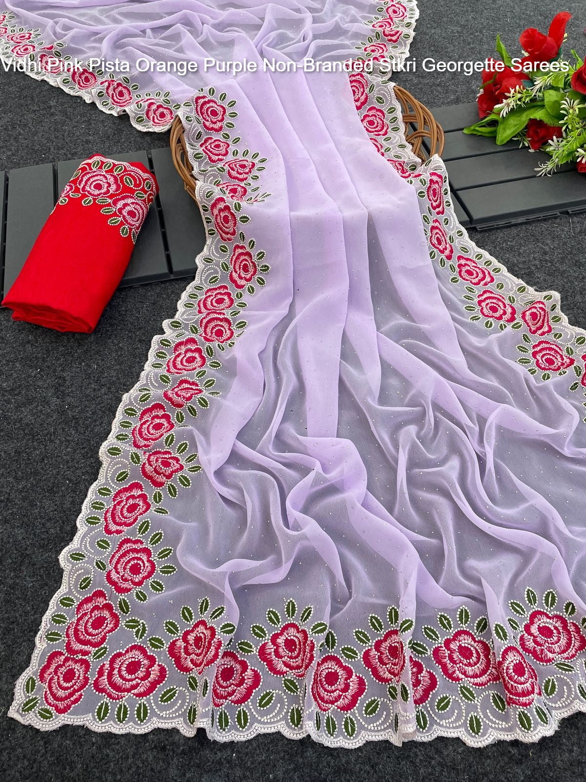 Vidhi Pink Pista Orange Purple Non-Branded Stkri Georgette Sarees