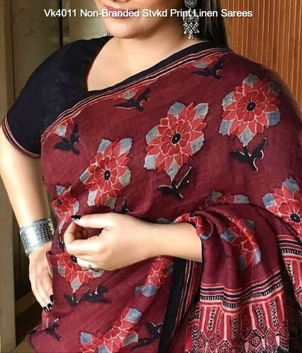 Vk4011 Non-Branded Stvkd Print Linen Sarees