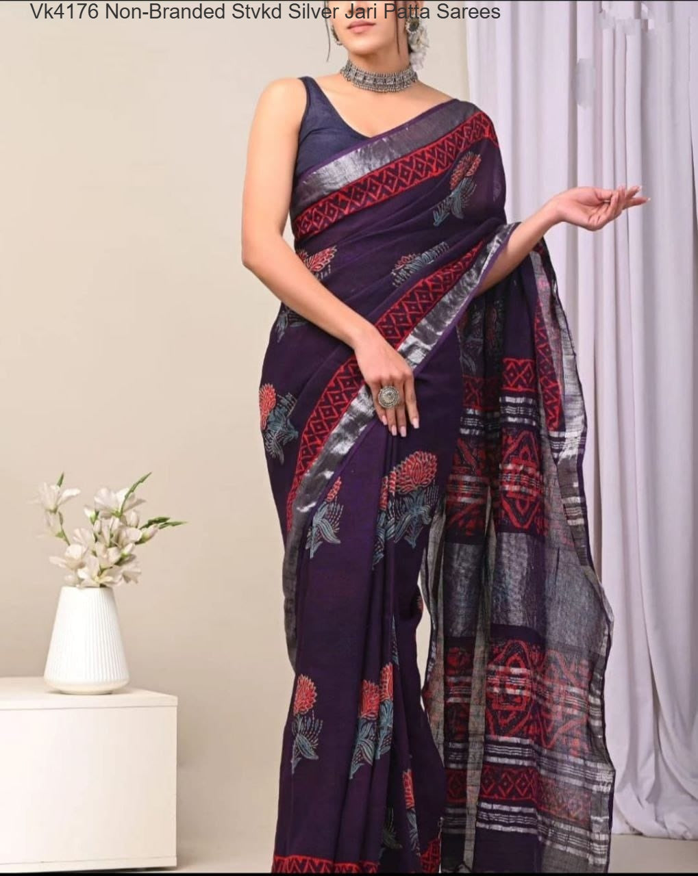 Vk4176 Non-Branded Stvkd Silver Jari Patta Sarees